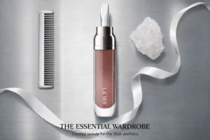 La Mer The Lip Volumizer tube with a sea kelp-inspired wand applicator showing the iridescent pink formula.