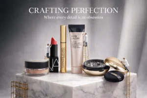 A 5-piece Estée Lauder Gift Set featuring luxury items from NARS and Guerlain on a clean, bright vanity.