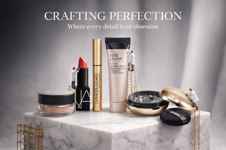 A 5-piece Estée Lauder Gift Set featuring luxury items from NARS and Guerlain on a clean, bright vanity.