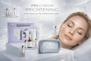 IMAGE Skincare Brighten & Protect Kit featuring three white tubes and a clear travel bag on a clean surface.