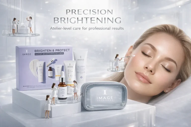 IMAGE Skincare Brighten & Protect Kit featuring three white tubes and a clear travel bag on a clean surface.