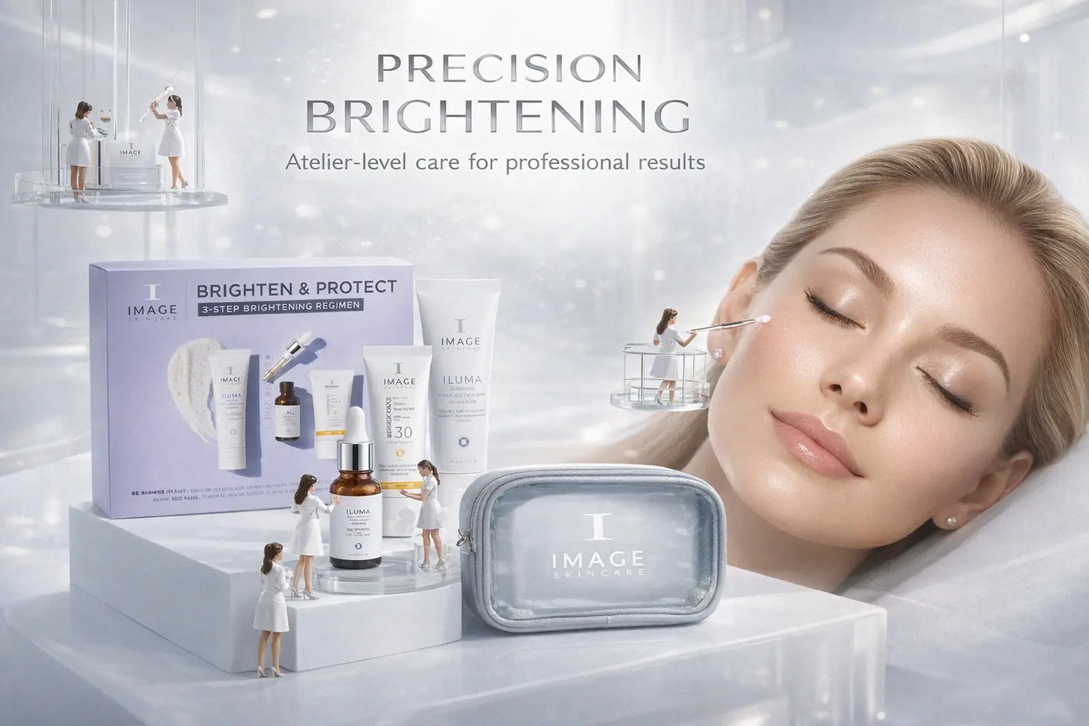 IMAGE Skincare Brighten & Protect Kit featuring three white tubes and a clear travel bag on a clean surface.