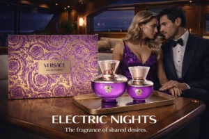 Two purple amphora-shaped Versace perfume bottles in different sizes set against a clean background.