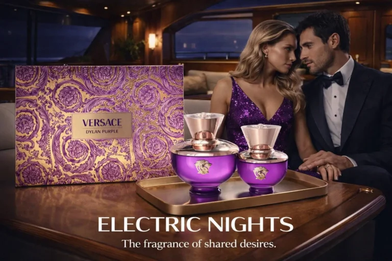Two purple amphora-shaped Versace perfume bottles in different sizes set against a clean background.