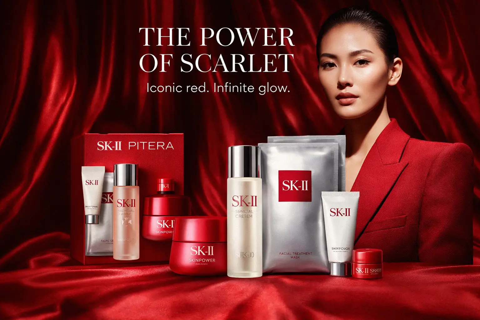 A 6-piece SK-II Anti-Aging Set featuring a large essence bottle, face cream, and sheet masks on a clean surface.