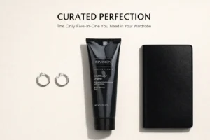 A bottle of Revision Skincare Intellishade Original Tinted Moisturizer SPF 45 on a white marble vanity.