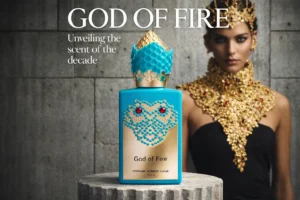 Turquoise bottle of Stephane Humbert Lucas God Of Fire with a gold serpent crown on a white background.