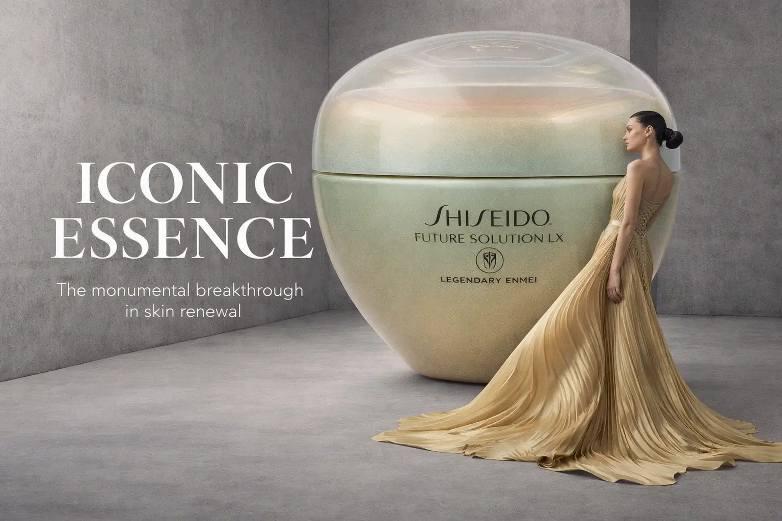 A premium jar of Shiseido Future Solution LX Enmei Cream sitting on a marble vanity with soft lighting.