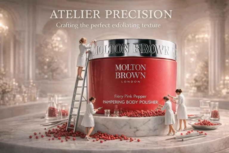 Molton Brown Fiery Pink Pepper Body Polisher tube in a clean, minimalist bathroom setting.