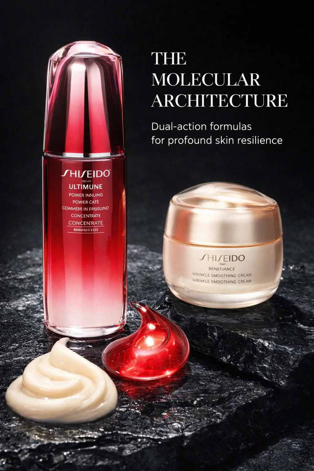 Refined anti aging ritual skincare bottles on a tray