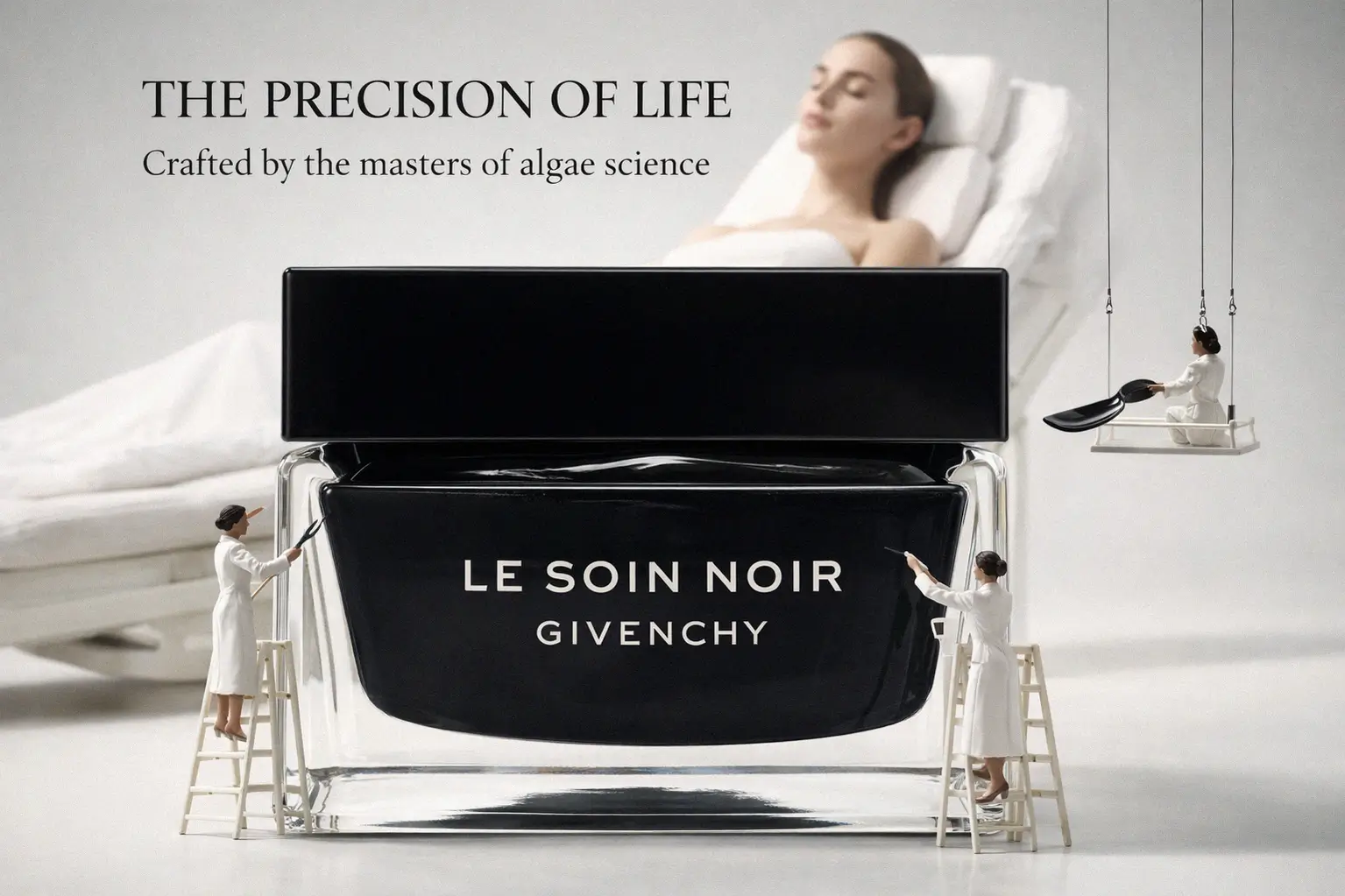 Givenchy Le Soin Noir Crème Légère in a sleek black refillable glass jar with a white cream texture.