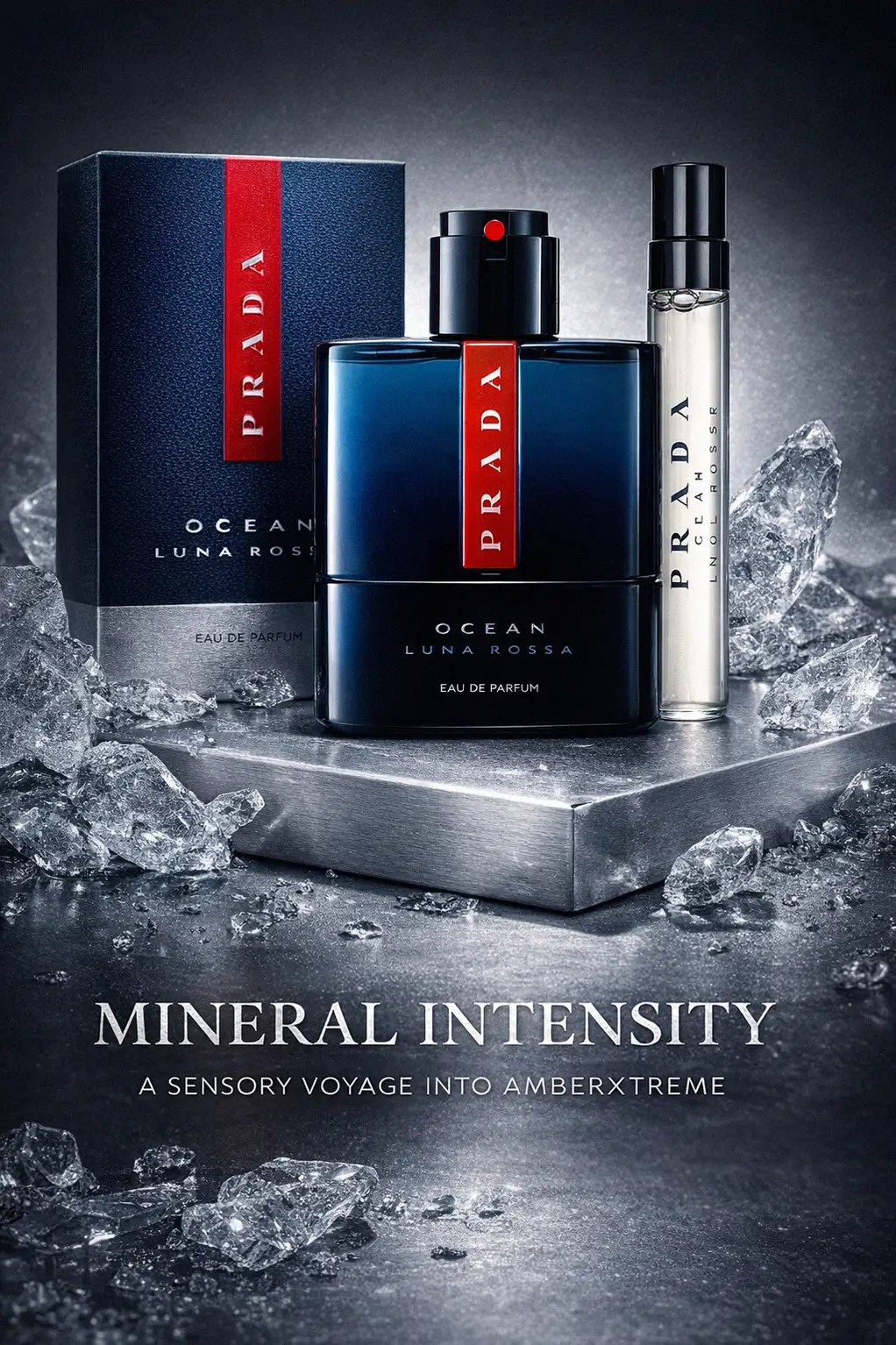 Elegant display of the Prada Luna Rossa Ocean gift set items