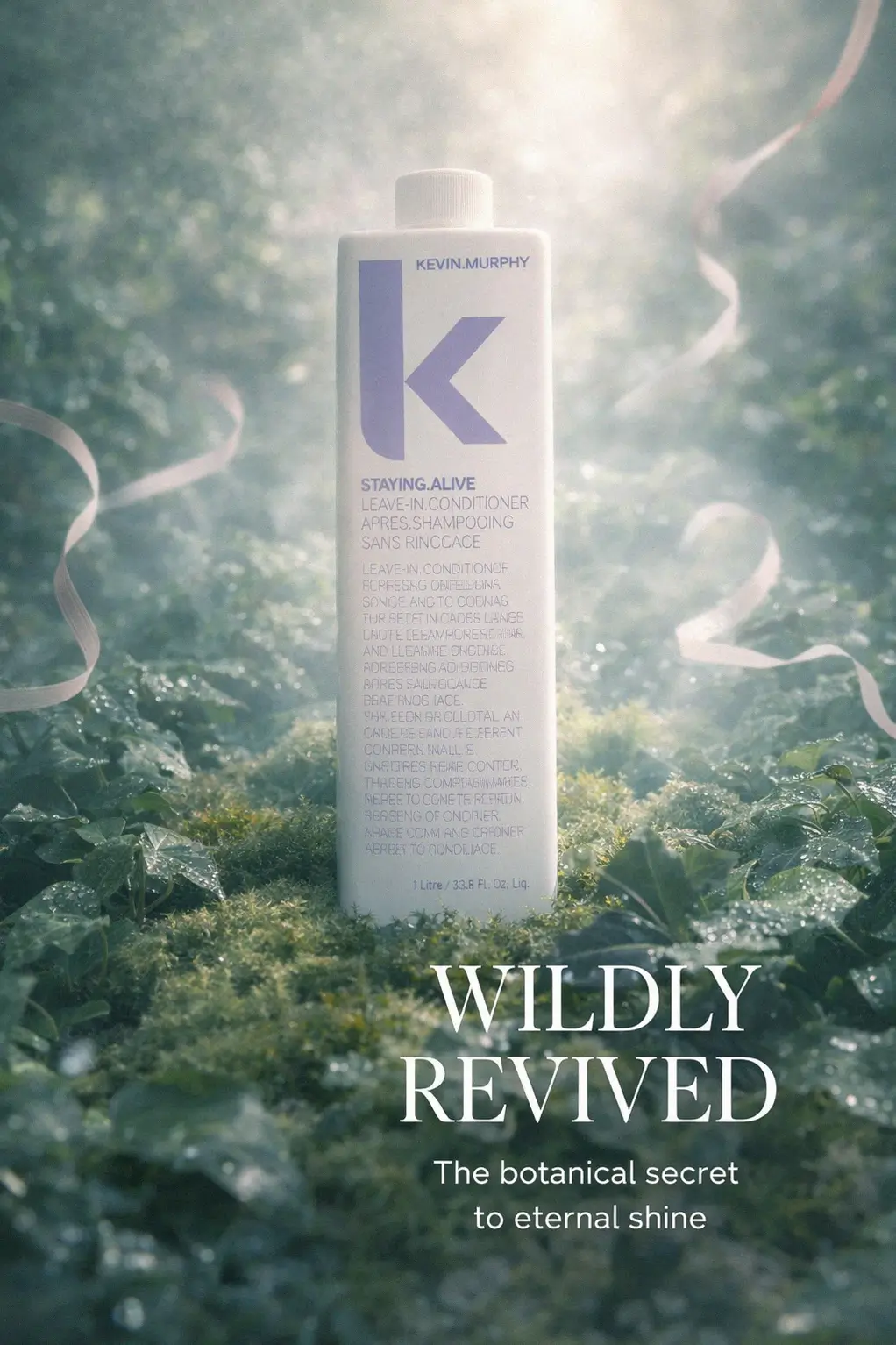 A luxurious vanity setup featuring a large bottle of hair treatment