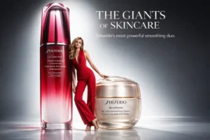 Two Shiseido red and white skincare bottles of Ultimune and Benefiance cream on a clean surface.