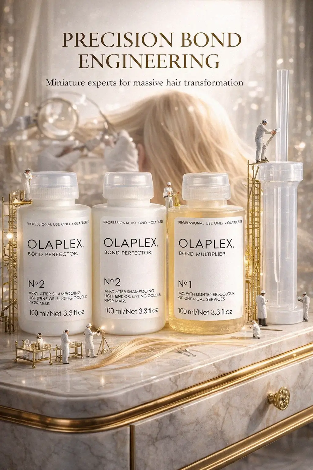 Olaplex Traveling Stylist Kit bottles on a luxury vanity