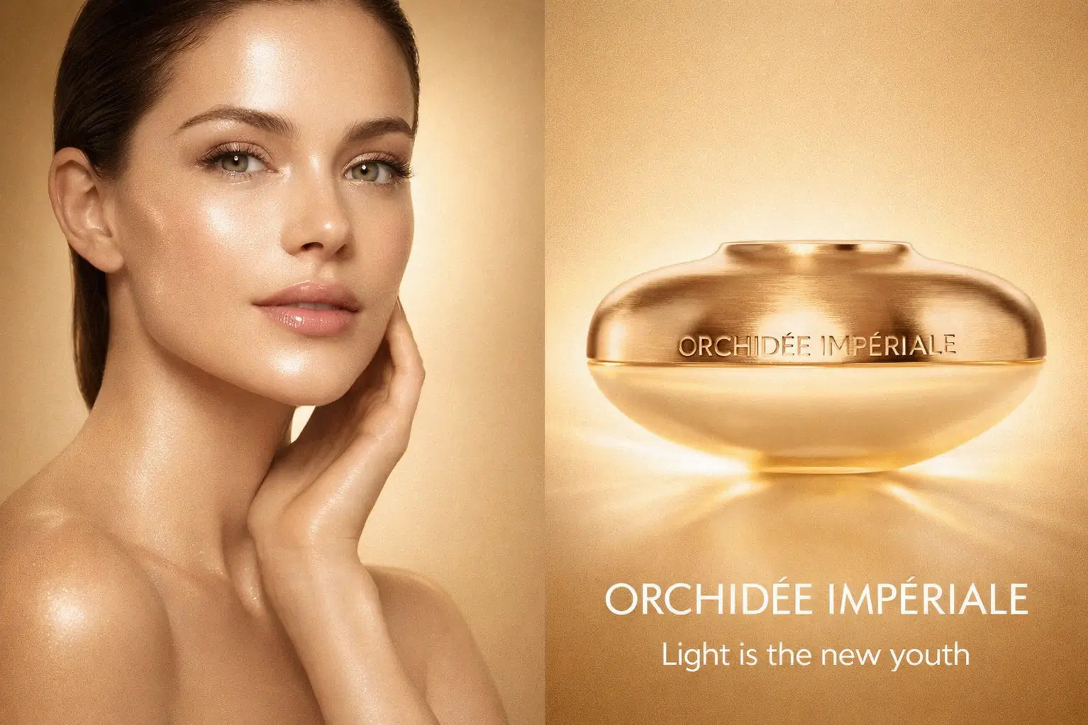 A frosted glass bottle of Guerlain Orchidee Imperiale Gold Nobile Serum with a gold and silver dispenser.