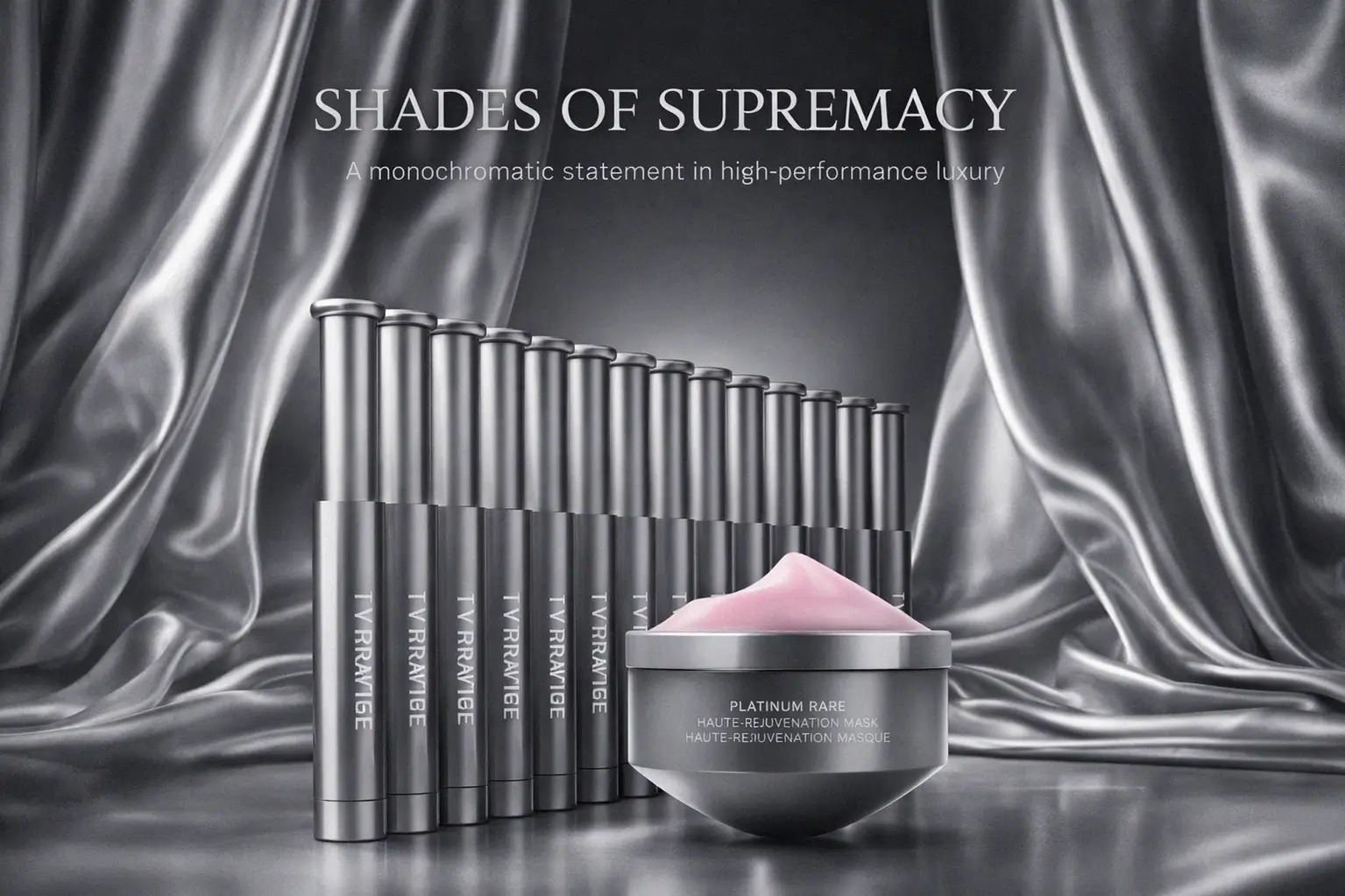 A La Prairie Platinum Rare set featuring silver-toned ampoules and a sleek mask jar on a clean background.