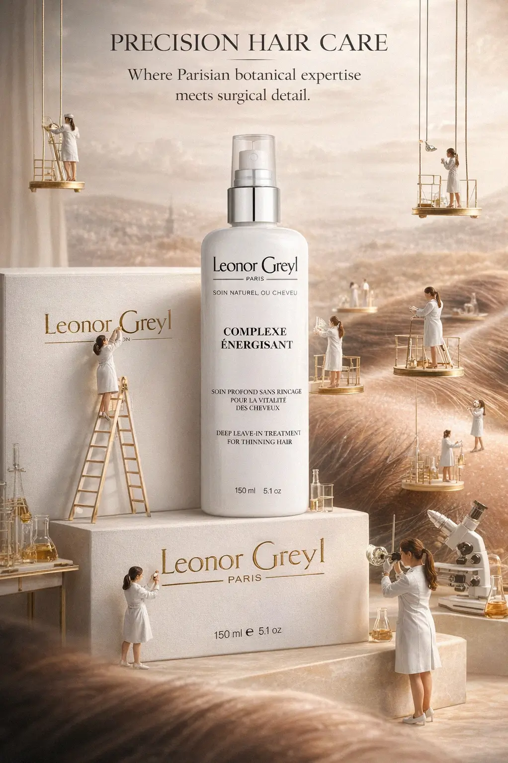 Botanical scalp treatment vials on a marble vanity