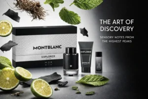 Three-piece Montblanc Explorer gift set including a perfume bottle, shower gel, and small travel spray on a white surface.