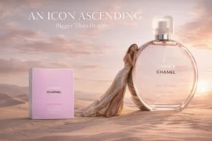 A round glass bottle of Chanel body oil with a spray applicator on a clean vanity surface.