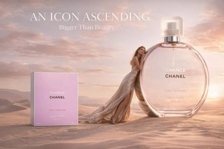 A round glass bottle of Chanel body oil with a spray applicator on a clean vanity surface.