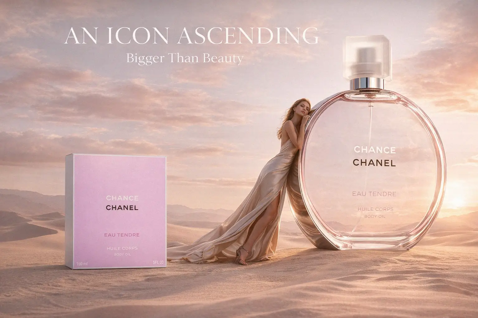 A round glass bottle of Chanel body oil with a spray applicator on a clean vanity surface.