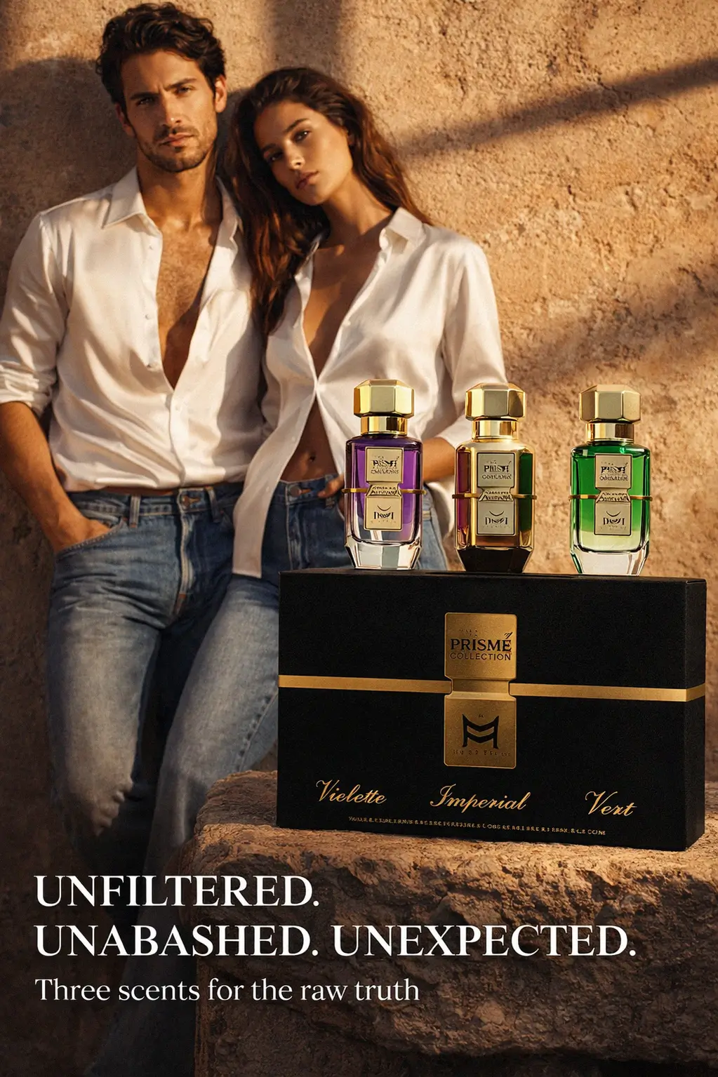 Close up of the Patek Maison Prisme fragrance bottles