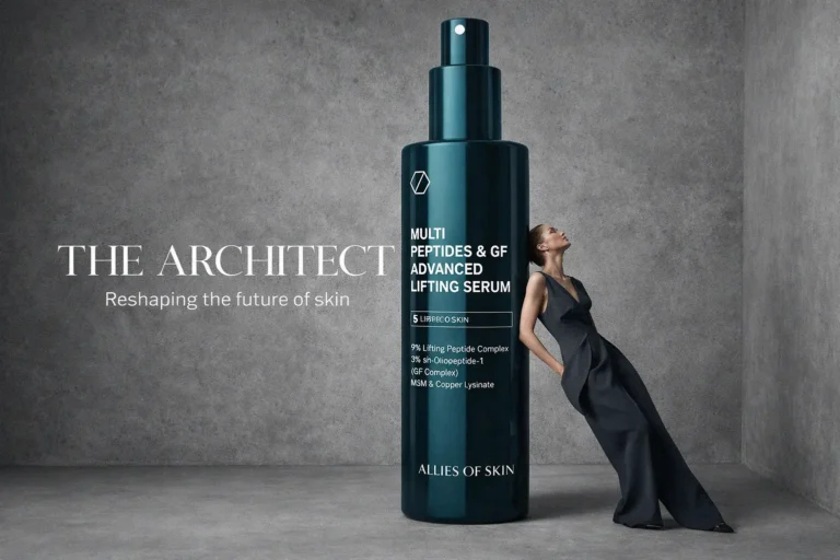 A sleek grey bottle of Allies of Skin Multi Peptides serum standing on a clean marble surface.