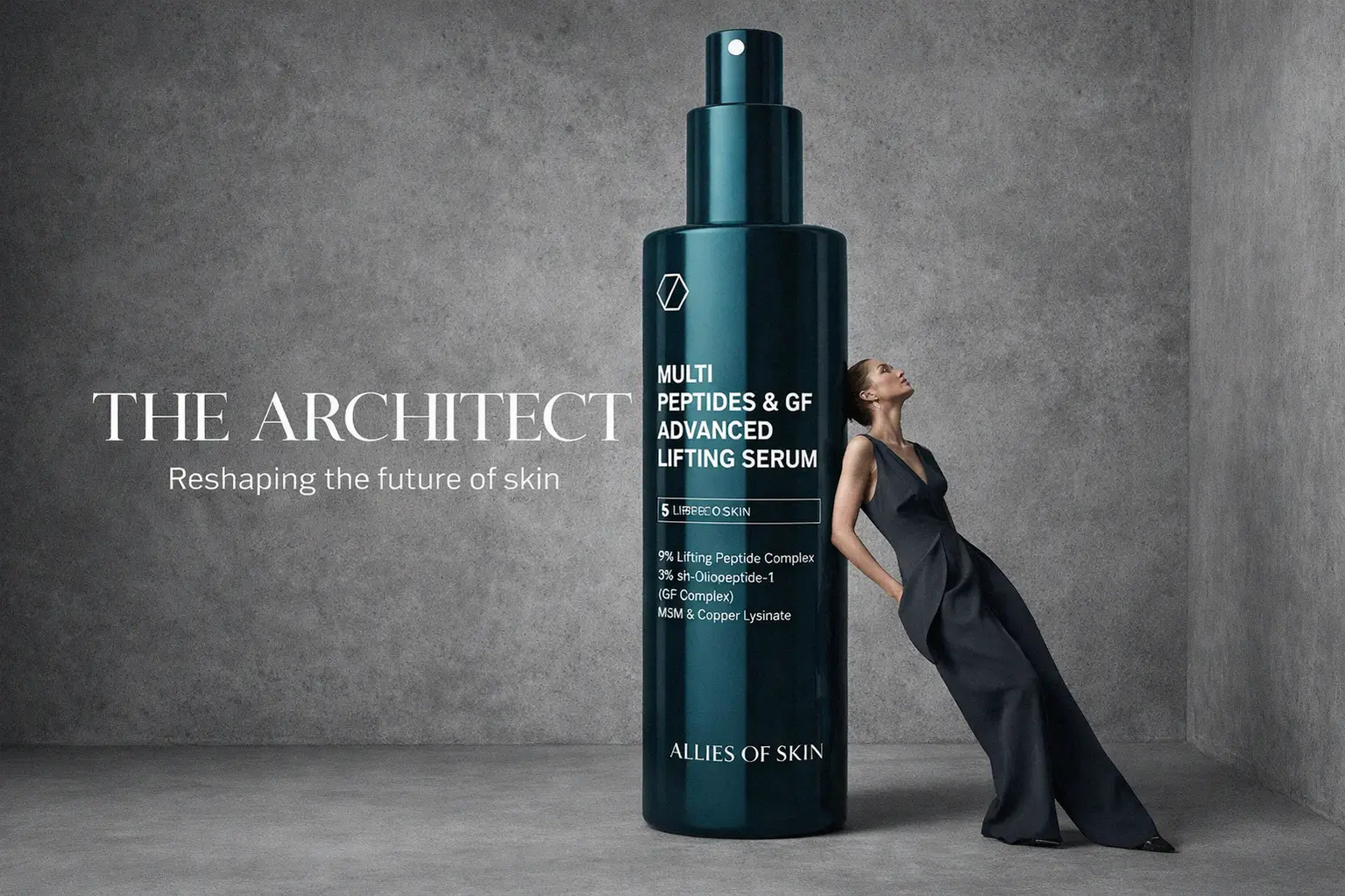 A sleek grey bottle of Allies of Skin Multi Peptides serum standing on a clean marble surface.