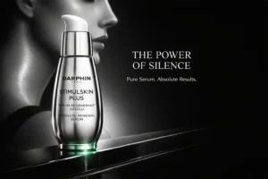 A 1 oz bottle of Darphin Stimulskin Plus Absolute Renewal Serum on a white marble surface with soft lighting.