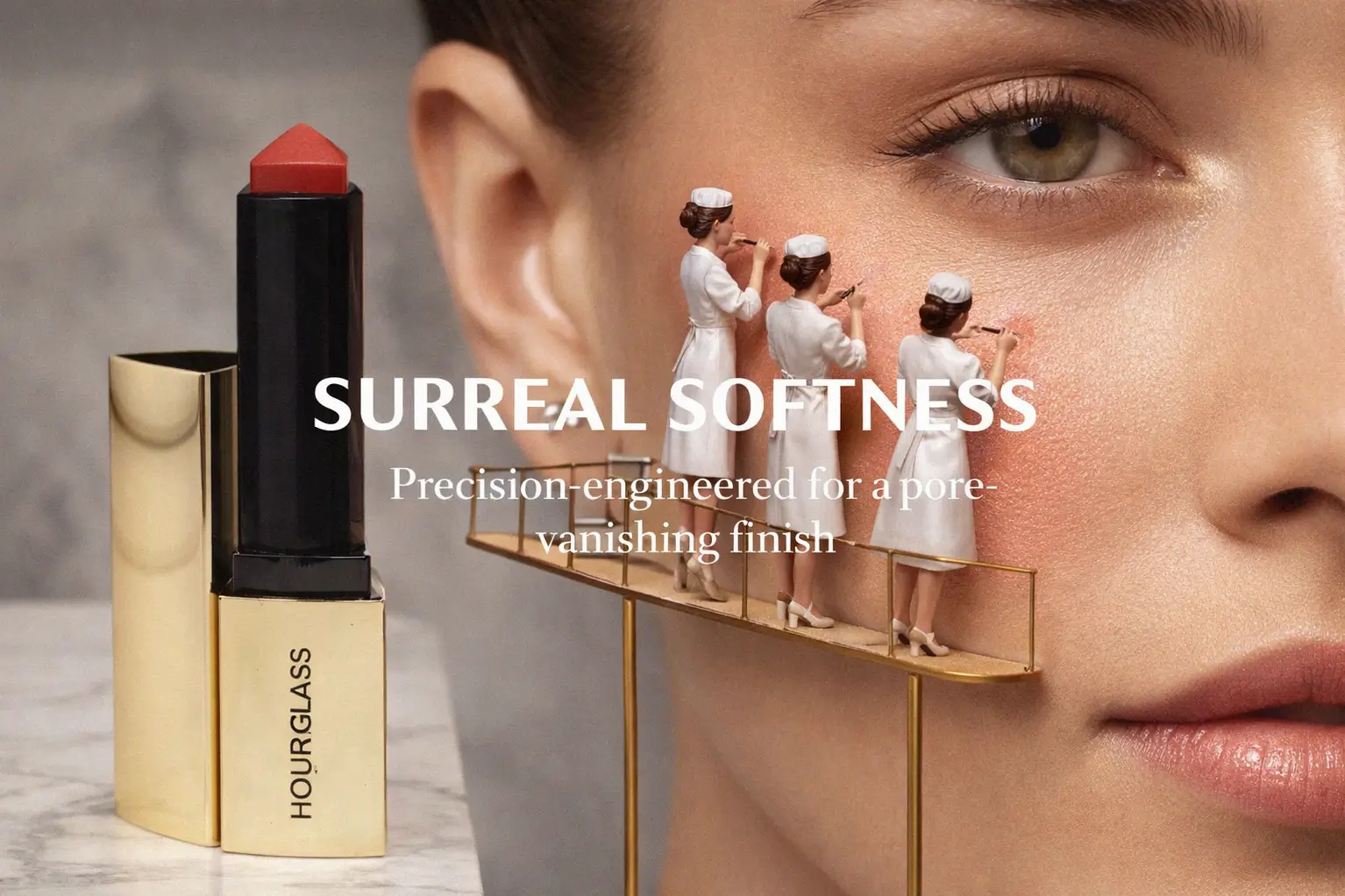 A sleek Hourglass Vanish Blush Stick with its unique triangular tip showing the creamy texture.