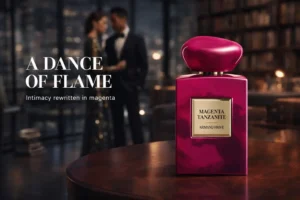 Square deep magenta glass bottle with a gold cap and label on a minimalist vanity.