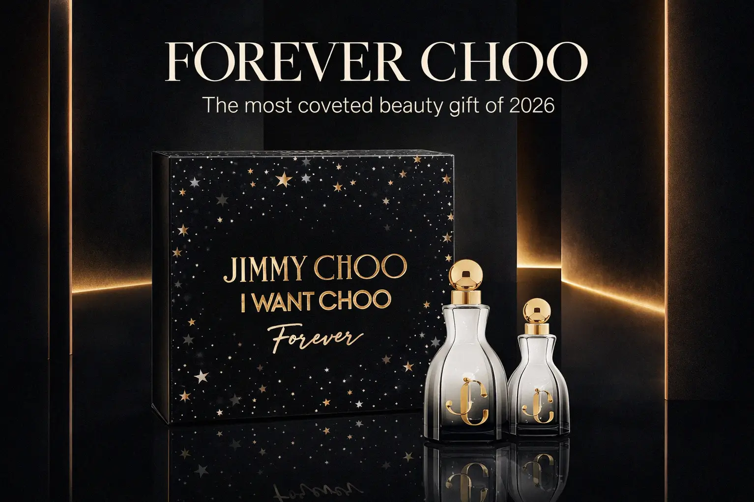 Two gradient black Jimmy Choo perfume bottles of different sizes in a luxury gift box.