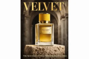 Heavy glass perfume bottle with a yellow velvet-trimmed cap and gold label for Dolce & Gabbana Velvet Ginestra.
