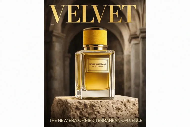 Heavy glass perfume bottle with a yellow velvet-trimmed cap and gold label for Dolce & Gabbana Velvet Ginestra.