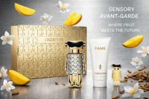 Paco Rabanne Fame perfume set in a metallic designer case with a silver bottle and matching lotion.