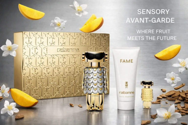 Paco Rabanne Fame perfume set in a metallic designer case with a silver bottle and matching lotion.