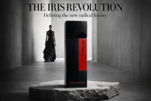 Sleek dark glass perfume bottle of Radikal Iris by Laurent Mazzone on a minimalist surface.