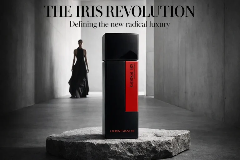 Sleek dark glass perfume bottle of Radikal Iris by Laurent Mazzone on a minimalist surface.