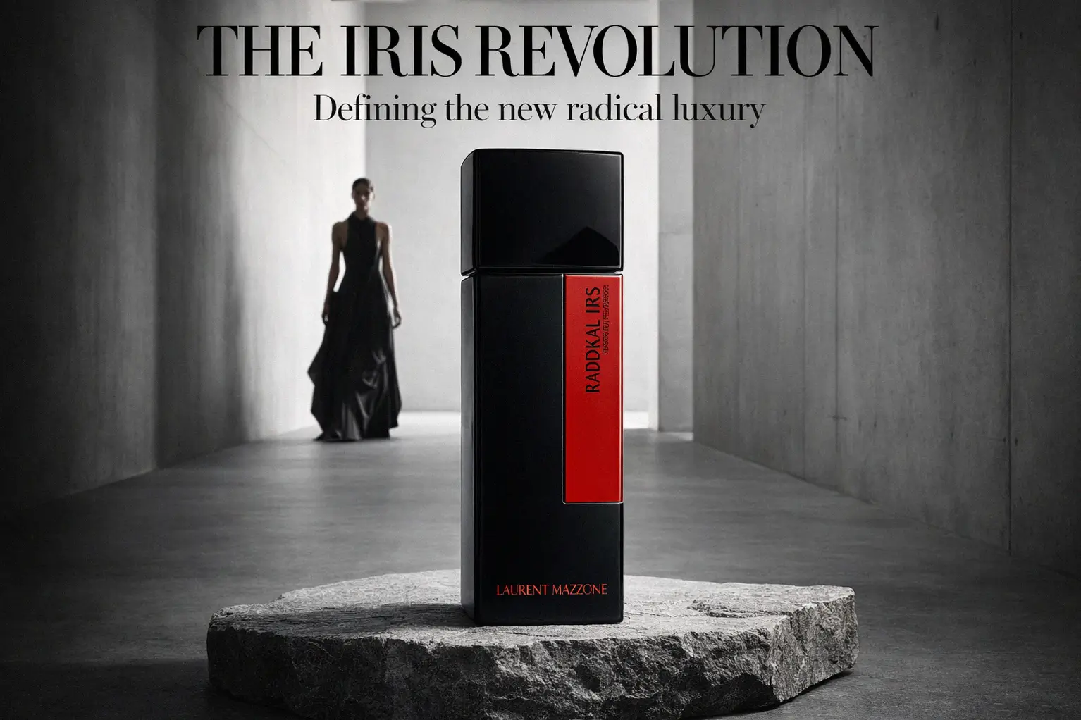 Sleek dark glass perfume bottle of Radikal Iris by Laurent Mazzone on a minimalist surface.