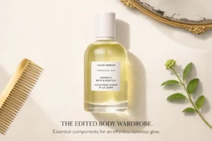 A 3.3 oz bottle of Laura Mercier Neroli Du Sud Aromatic Bath & Body Oil on a polished bathroom vanity.