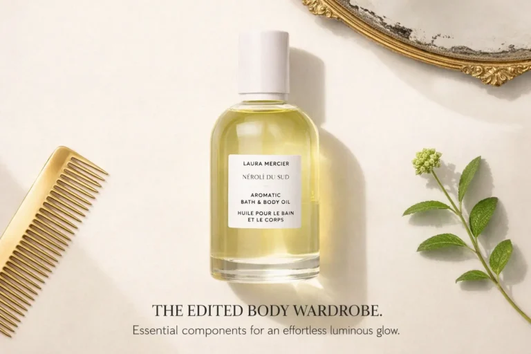 A 3.3 oz bottle of Laura Mercier Neroli Du Sud Aromatic Bath & Body Oil on a polished bathroom vanity.