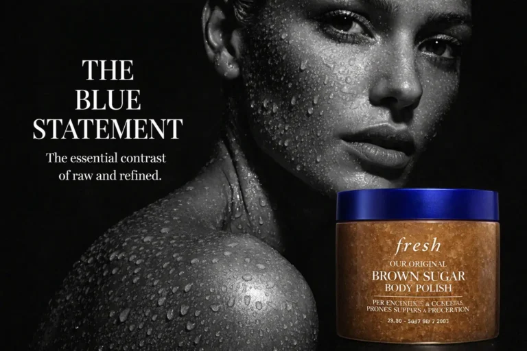 A jar of Fresh Brown Sugar Body Polish sitting on a marble bathroom counter next to a white towel.