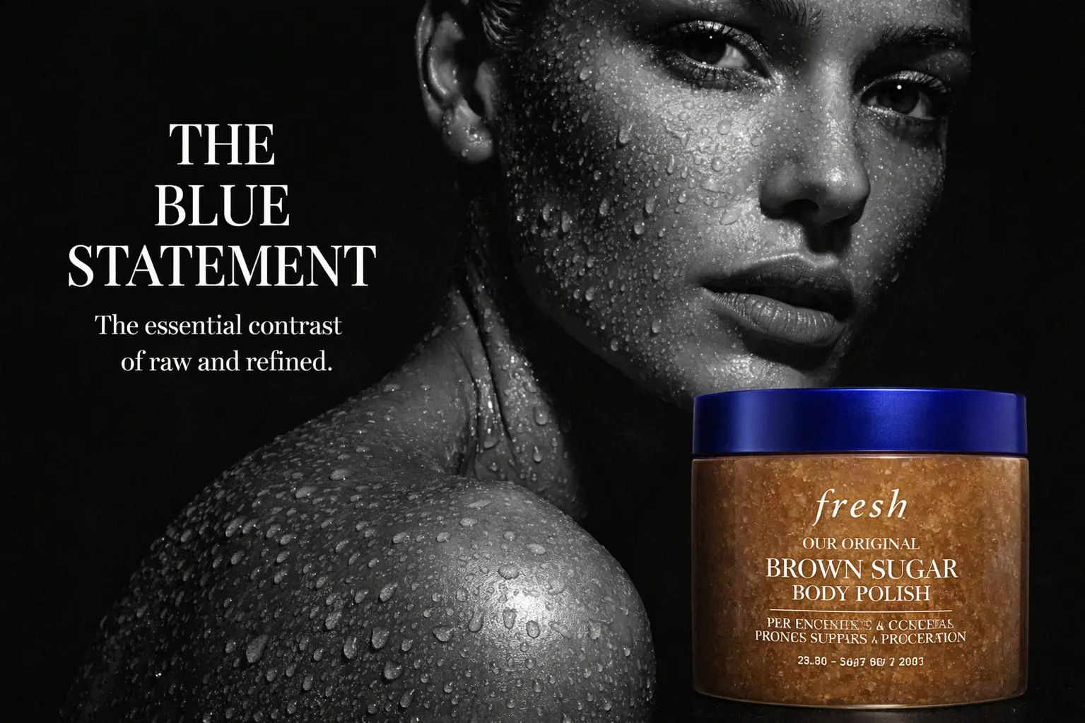 A jar of Fresh Brown Sugar Body Polish sitting on a marble bathroom counter next to a white towel.