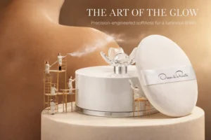 Oscar de la Renta Oscar Perfumed Dusting Powder in an elegant round case with a soft white puff applicator.