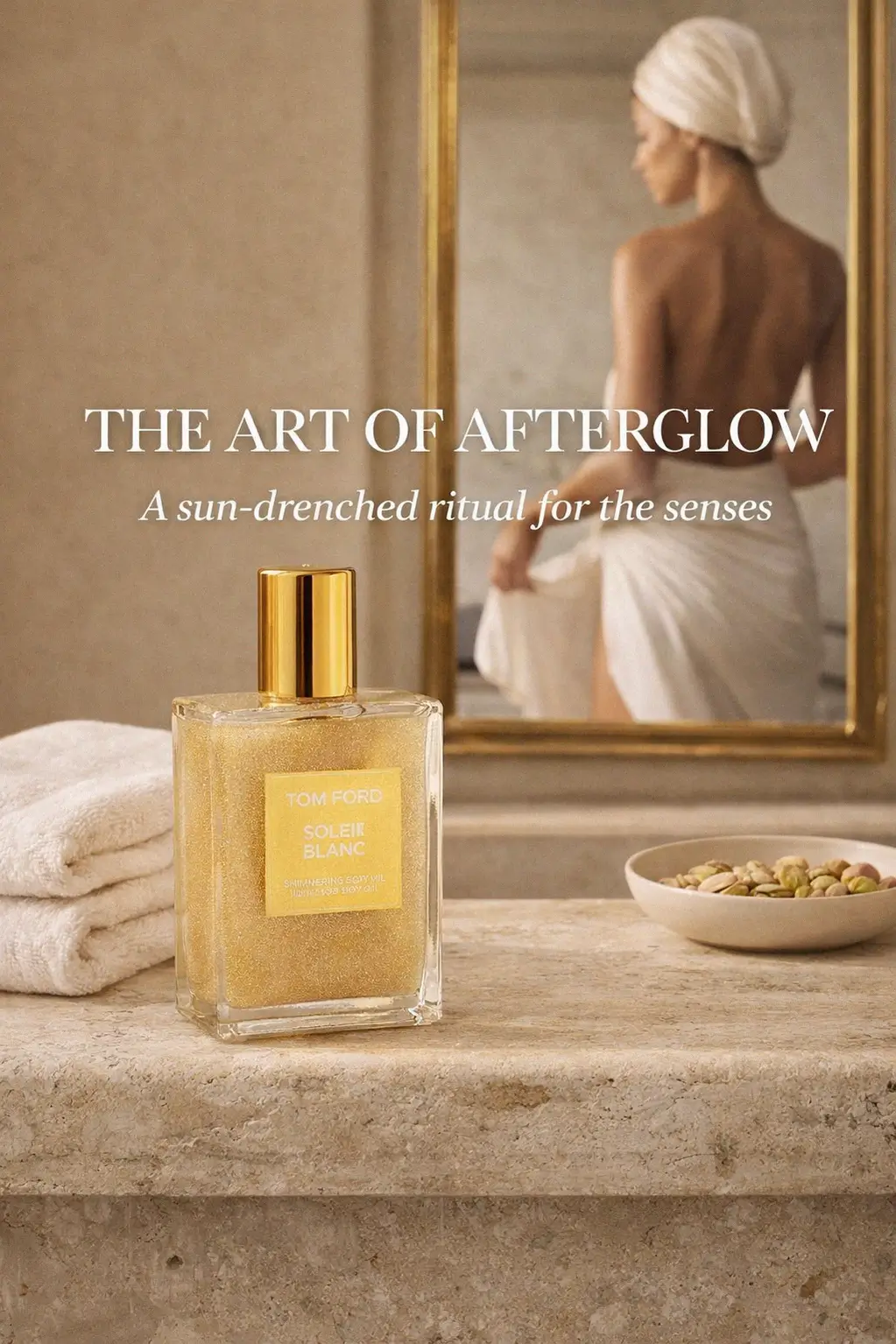 Luxury shimmering body oil bottle on a marble vanity