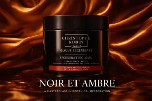 Jar of Christophe Robin Regenerating Mask with Prickly Pear Oil on a clean bathroom vanity.