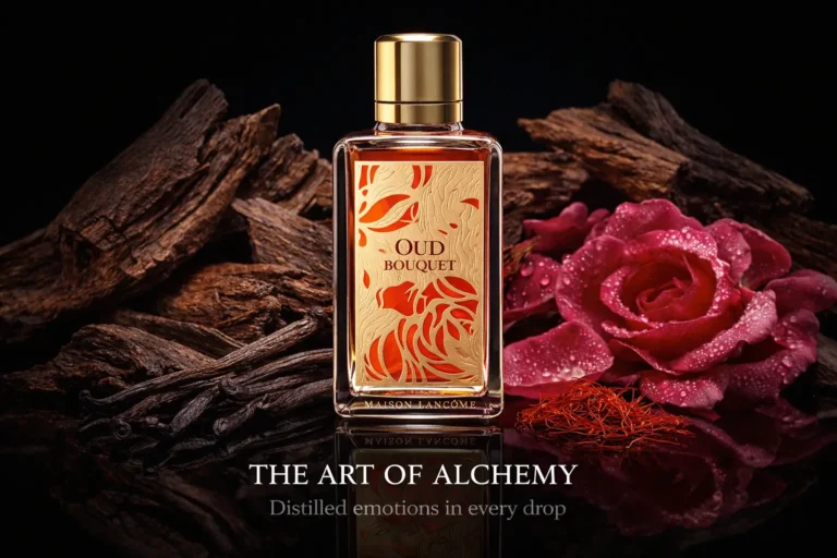Luxurious Lancome Oud Bouquet glass bottle featuring an intricate laser-cut gold-tone plate on a marble surface.