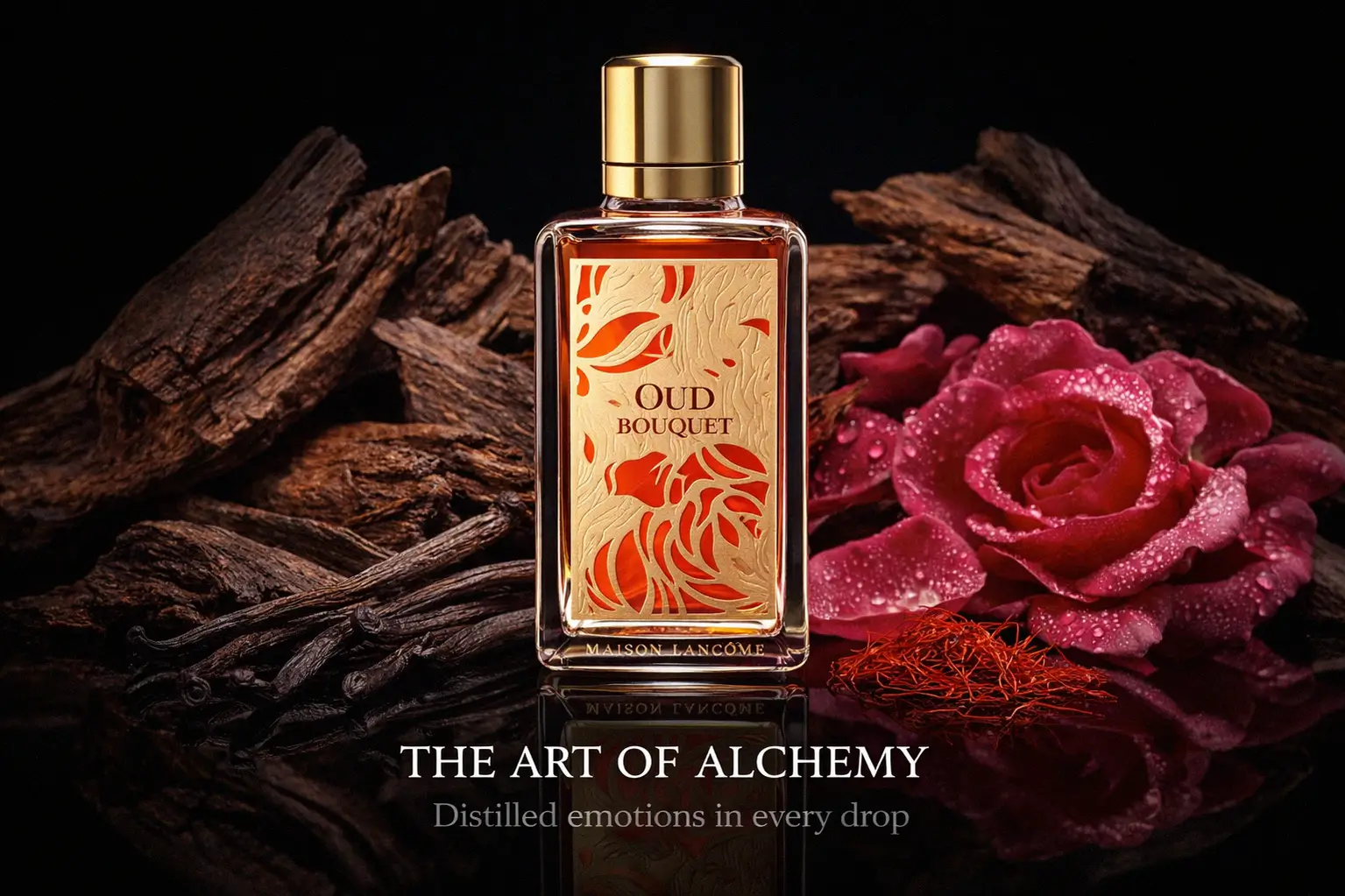 Luxurious Lancome Oud Bouquet glass bottle featuring an intricate laser-cut gold-tone plate on a marble surface.