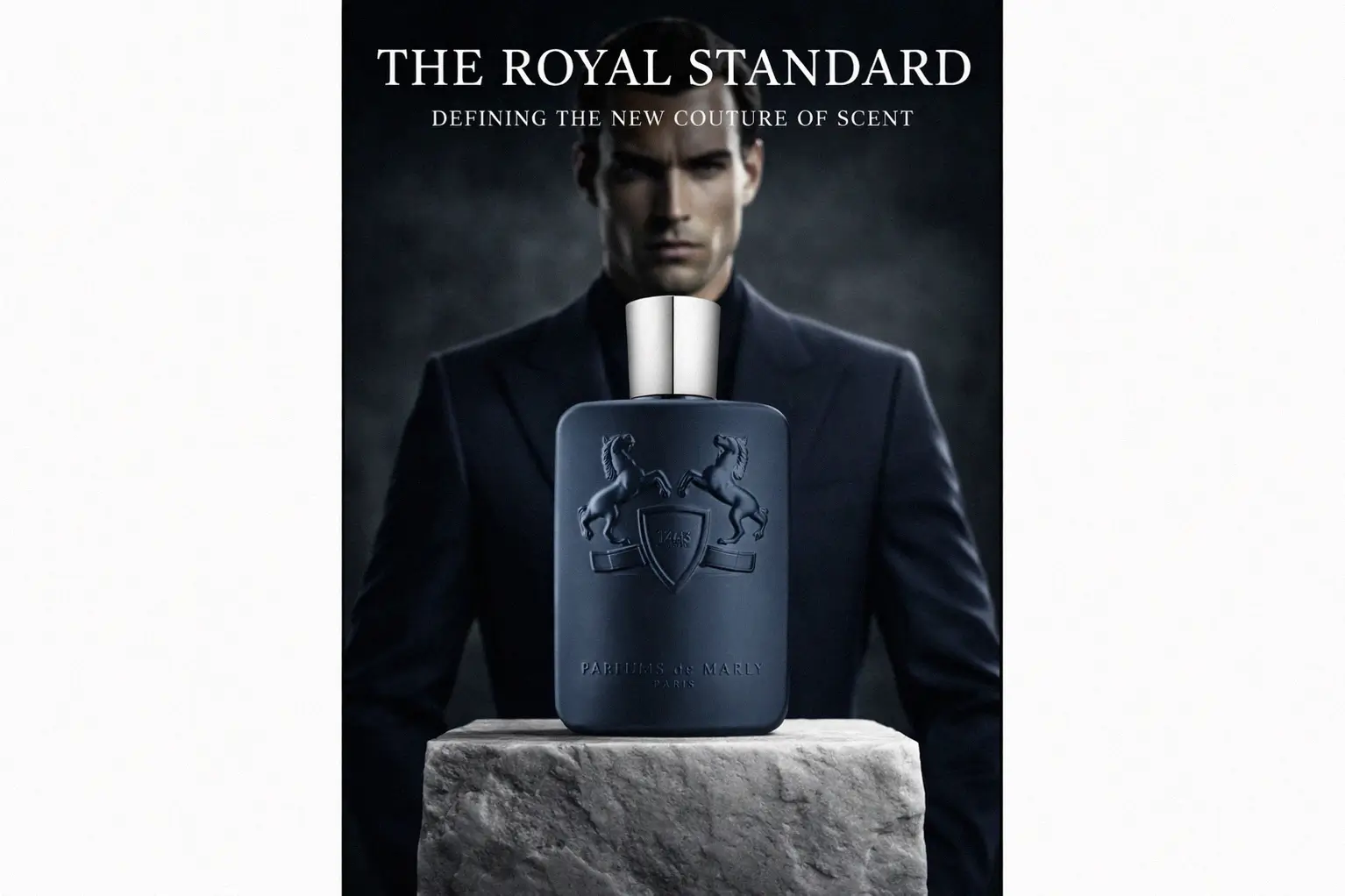 The deep blue bottle of Parfums de Marly Layton Eau De Parfum sits elegantly on a marble vanity surface.